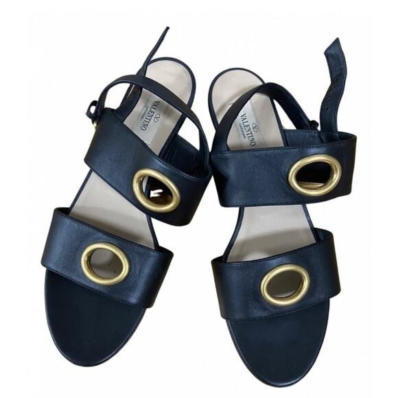 Valentino Garavani Black Leather Sandals – Gold Ring Accent, Size 8.5 - Picture 1 of 6